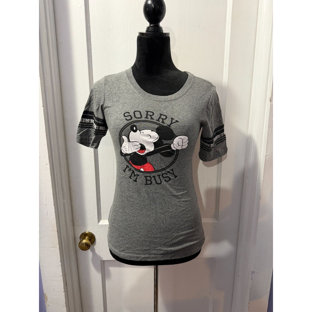 Disney Mickey Mouse Sorry I'm Busy Grey Graphic Short Sleeve Top in S